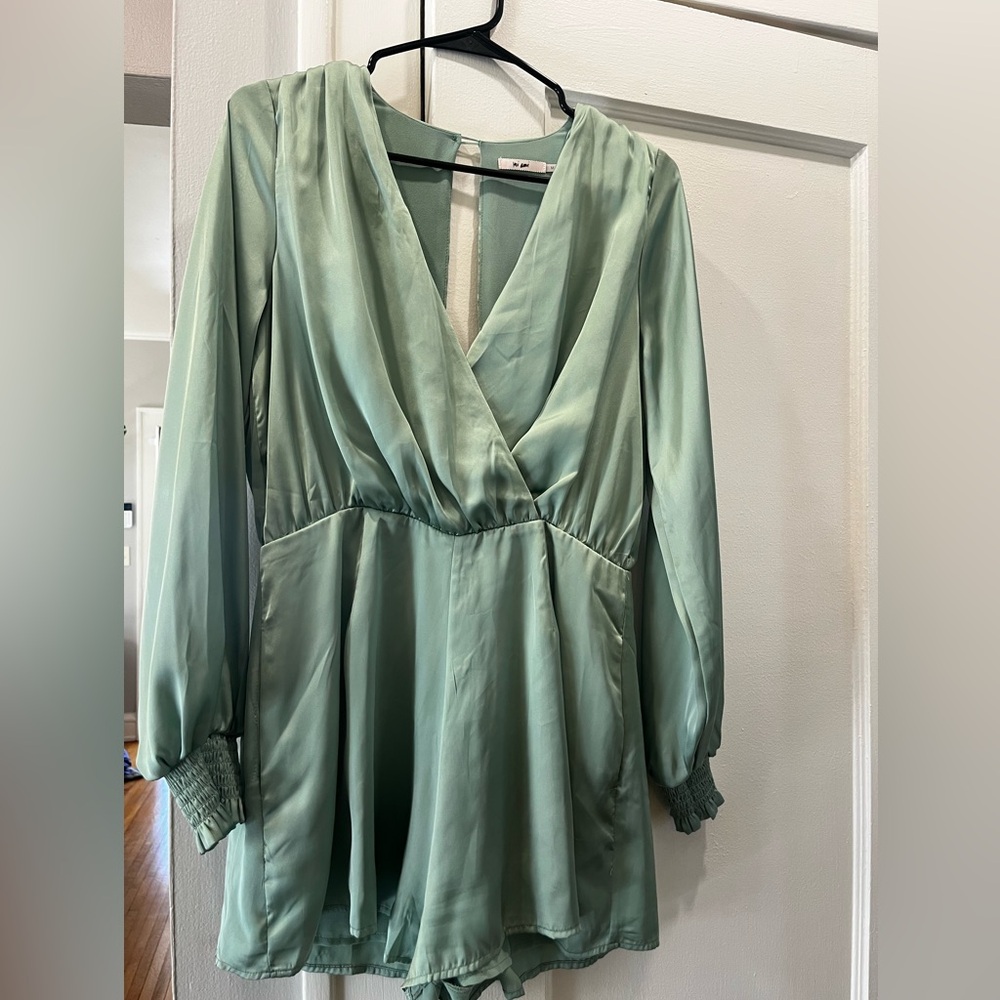 Francesca Satin Long Sleeve Romper in Sage Green